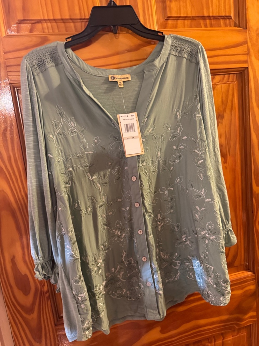 Democracy Sage Green Embroidered Button-Down Blouse